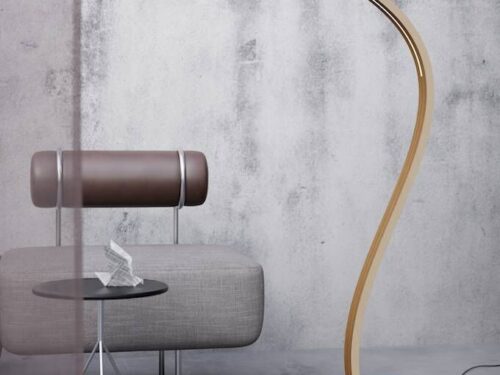 Vloerlamp Vostine H148 cm in berken multiplex, slank gebogen design voor warme sfeerverlichting