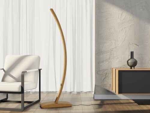 Vloerlamp Trenan H148 cm van massief eiken, slank gebogen ontwerp in warme houtlook