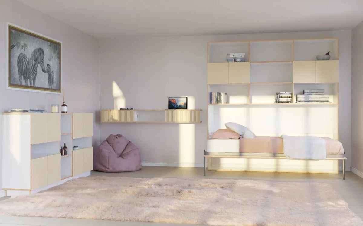 Wandplank Turku 216 cm in lichte slaapkamer, strakke wandopbergruimte met open vakken en kastdeuren