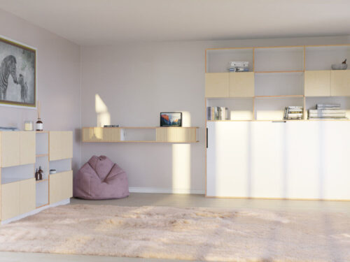 Wandplank Gutaro 216 cm in beige, zwevende wandkast met open vakken en opbergruimte
