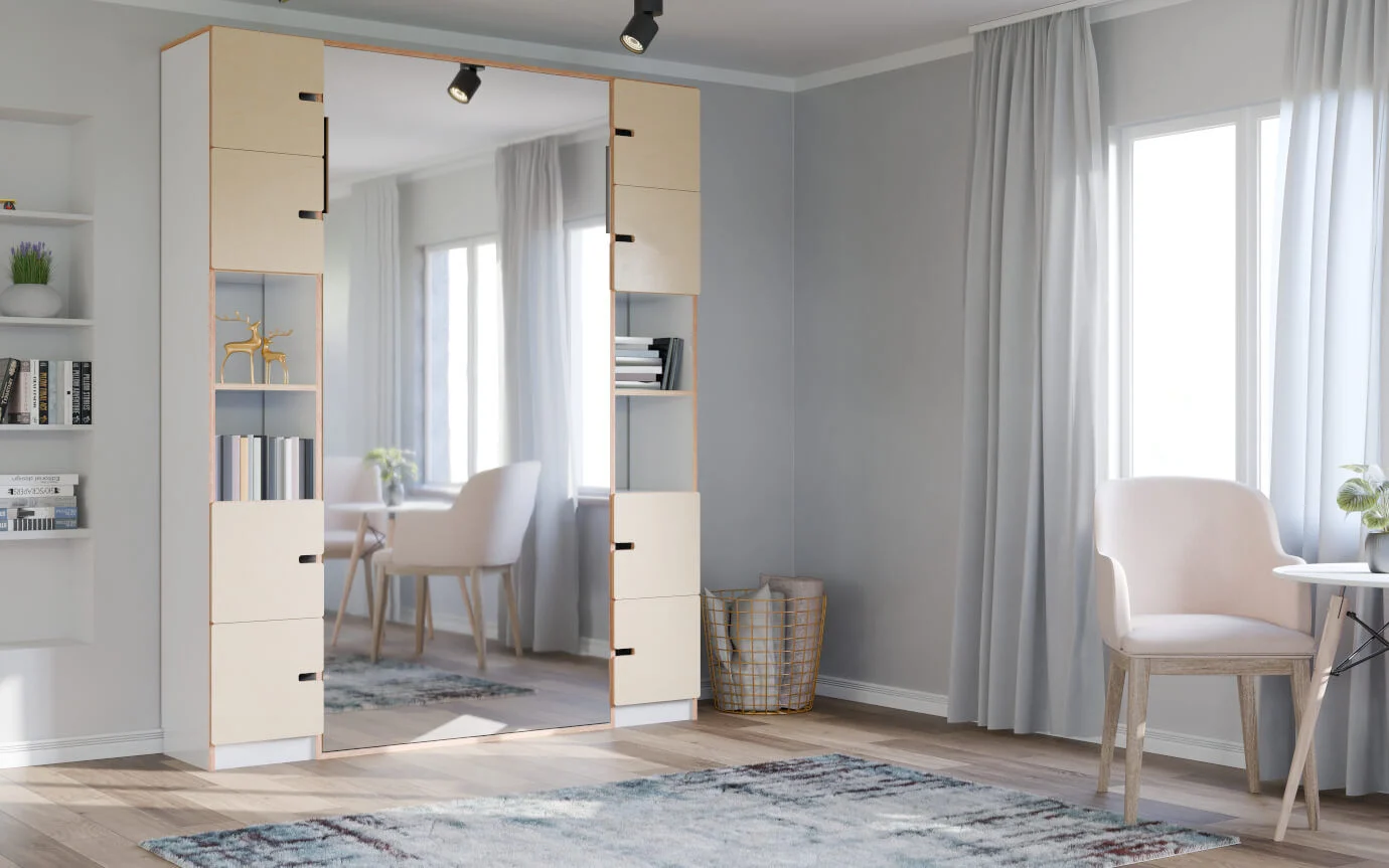 Wandplank Durmora 210 cm met spiegel en vakken, stijlvolle opberger in lichte woonkamer