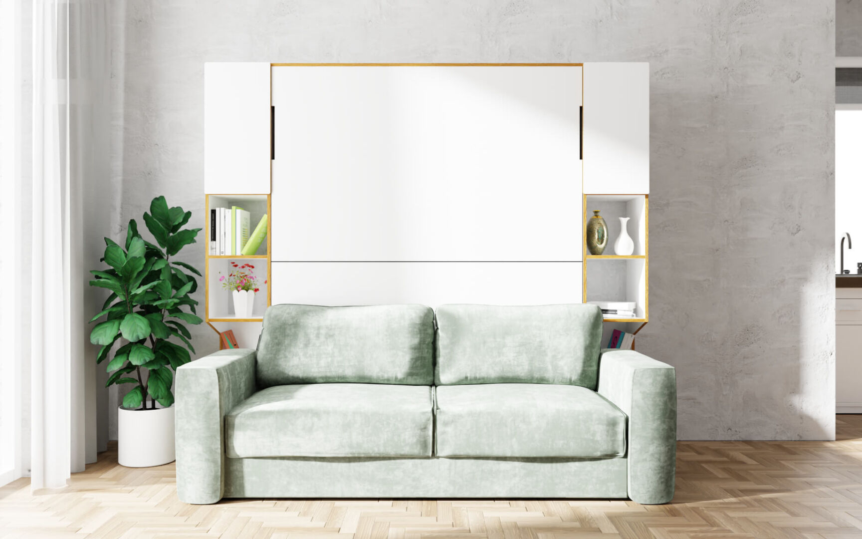 Bank Daulvero, witte HPL wandkast met open vakken, geplaatst achter een lichtgroene bank in moderne woonkamer