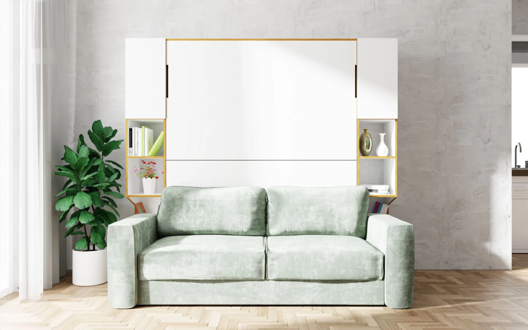 Bank Daulvero, witte HPL wandkast met open vakken, geplaatst achter een lichtgroene bank in moderne woonkamer