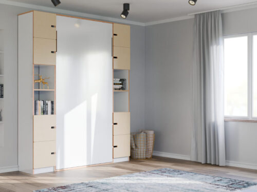 Bank Veldio wandmeubel met groot wit paneel, beige kasten en open vakken in een strakke woonkamer