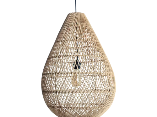 Hanglamp Viterbo rotan, druppelvormig, naturel, handgemaakt en sfeervol met licht- en schaduweffecten