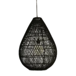 Sluske rotan hanglamp zwart, opengeweven druppelvormige kap met sfeervol lichtspel