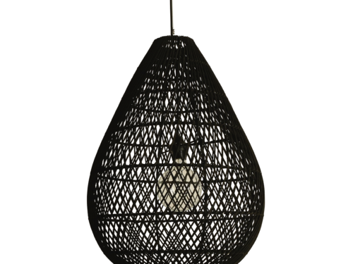 Sluske rotan hanglamp zwart, opengeweven druppelvormige kap met sfeervol lichtspel
