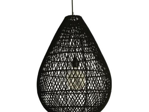 Sluske rotan hanglamp zwart, opengeweven druppelvormige kap met sfeervol lichtspel