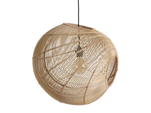 Hanglamp Zudis Rotan met luchtige, ronde kap in naturel rotan en zwarte ophanging