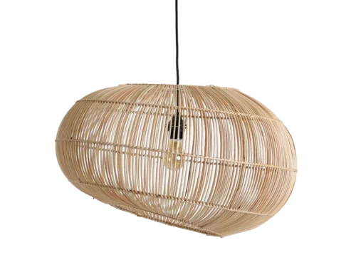 Hanglamp Bierdum Rotan met opengeweven asymmetrische naturel kap en warm sfeervol licht