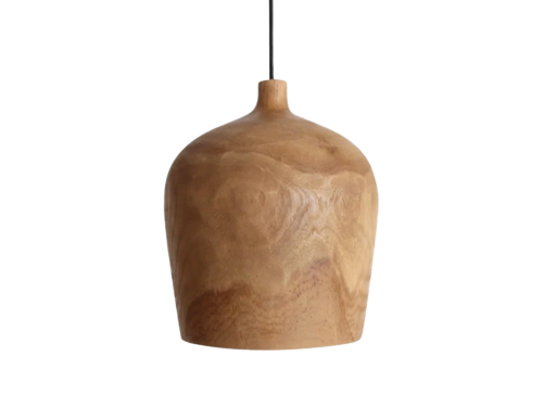 Hanglamp Paullea Teak met naturel houten kap en strak zwart snoer, compact en sfeervol design