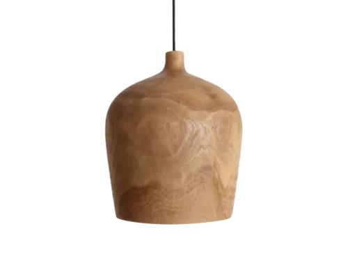 Hanglamp Paullea Teak met naturel houten kap en strak zwart snoer, compact en sfeervol design