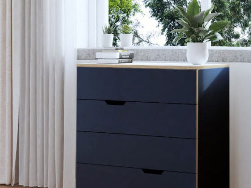 Ladekast Mandel Wit 90 cm met vier lades, zwarte HPL-afwerking en strak modern design