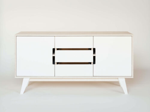 Dressoir Tausoro 140 cm in wit Osmo met wit HPL-deuren en centrale ladeblok in retro design