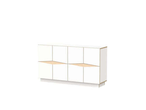 Dressoir Censi 145 cm met witte HPL-afwerking, geometrische deuruitlijning en houten accenten