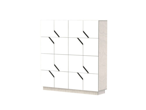 Dressoir Boontino 145 cm met kiezelgrijze houtlook en witte HPL-deuren, modern design met veel opbergruimte