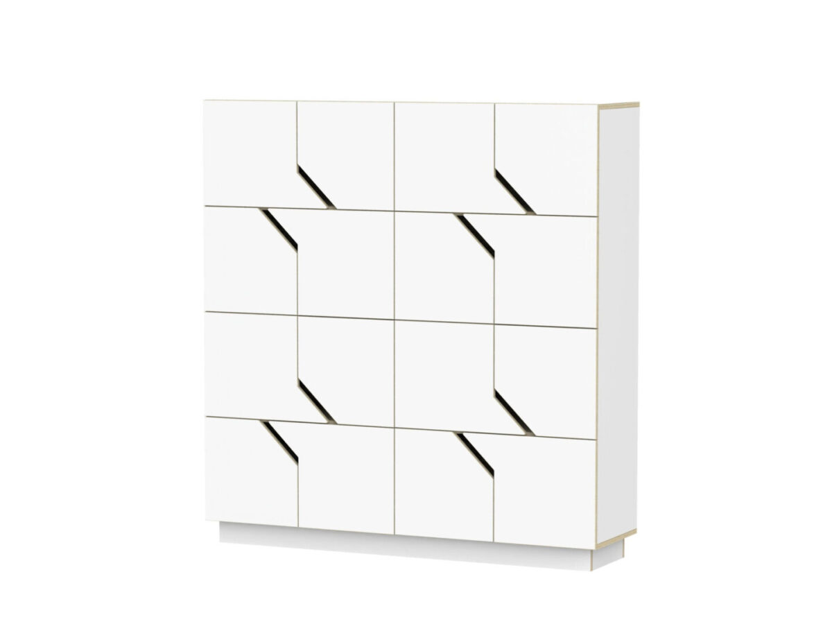 Witte dressoir Poovia 145 cm met geometrische fronten en strakke HPL-afwerking