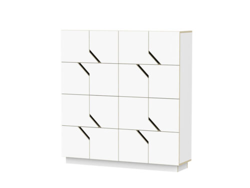 Witte dressoir Poovia 145 cm met geometrische fronten en strakke HPL-afwerking