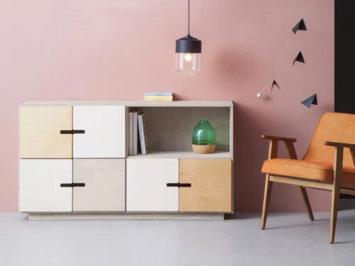 Dressoir Gollella Wit 145 cm met blokdesign, open vak en witte en houtkleurige fronten