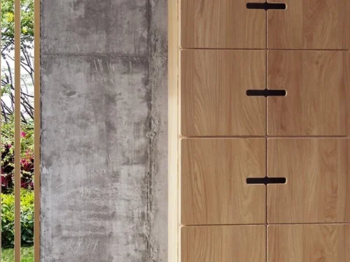 Dressoir Raatos Wit 73 cm, hoge kast met eikenfineer, strakke handgrepen en vier vakken achtergrond
