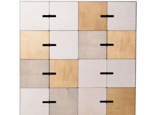 Dressoir Klines Wit 145 cm met 16-deurs front in wit, kiezelgrijs en medium eik, strak en compact evenementen meubel