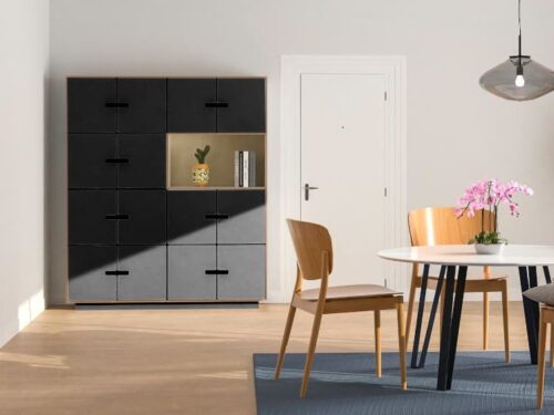 Dressoir Stunnen 145 cm in zwart HPL, ruime kast met strakke look en open vak in modern interieur