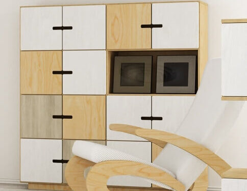 Dressoir Fleestang 145 cm met medium oak afwerking, witte en grijze deuren, speels blokpatroon en ruime opbergruimte