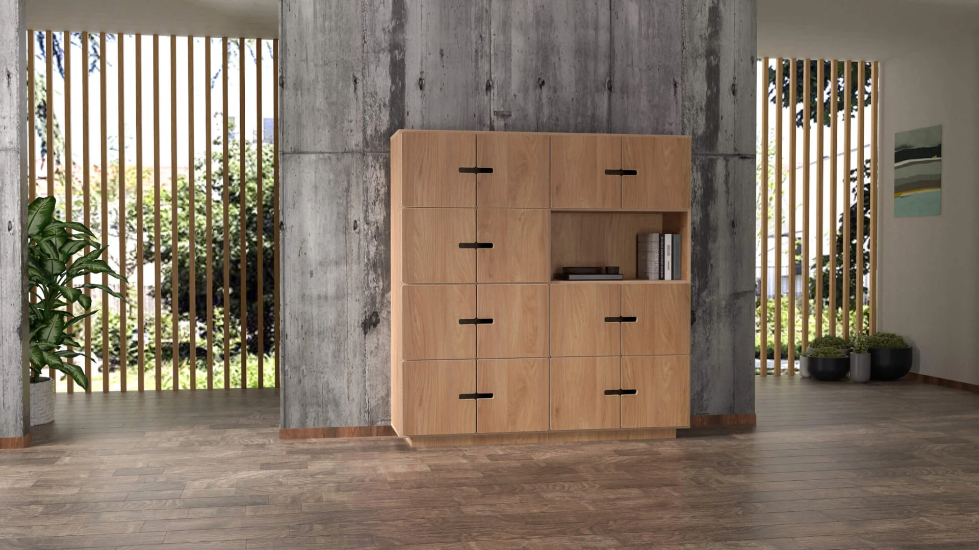 Dressoir Steisang 145 cm in eikenfineer met rustige look, opbergruimte en open vakken