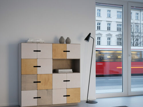 Dressoir Grurmia Wit 145 cm met wit, grijs en eiken vakken, open nis en strakke, moderne look