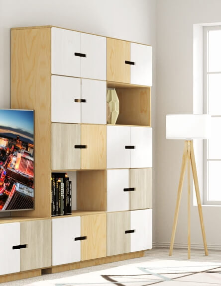 Dressoir Gausko 145 cm in medium oak met white osmo en pebble grey deuren, ruime opbergvakken en modern design