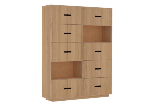 Dressoir Beemmik 145 cm in eikenfineer met veel opbergruimte en open vakken voor een rustige, stijlvolle look