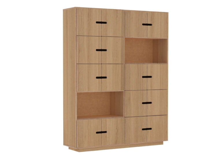 Dressoir Beemmik 145 cm in eikenfineer met veel opbergruimte en open vakken voor een rustige, stijlvolle look