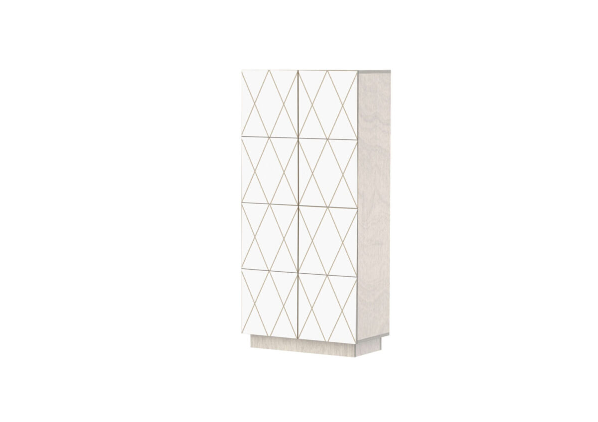Dressoir Tennora 145 cm met kiezelgrijze houtlook en witte HPL-deuren met geometrisch patroon
