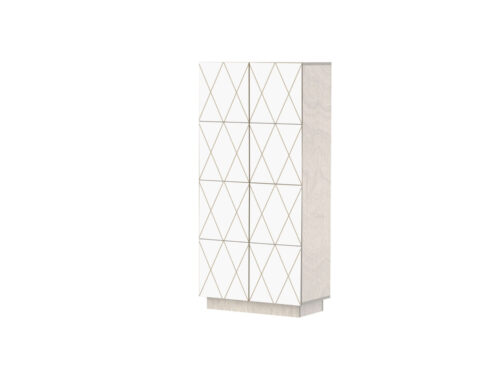 Dressoir Tennora 145 cm met kiezelgrijze houtlook en witte HPL-deuren met geometrisch patroon