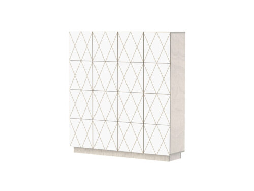 Dressoir Poznan 145 cm met witte HPL-deuren, geometrische lijnen en kiezelgrijze houtafwerking