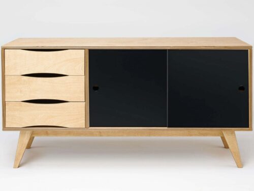 Dressoir Graante zwart 150 cm met 3 lades, schuifdeuren en berkenmultiplex in retro design