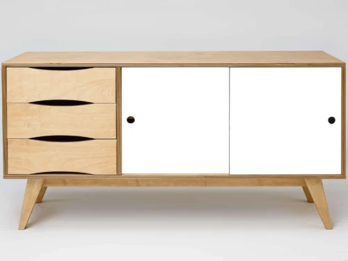 Dressoir Pauror Naturel 150 cm met 3 laden en witte deuren, stijlvol retro opbergmeubel in berkenmultiplex en eiken look