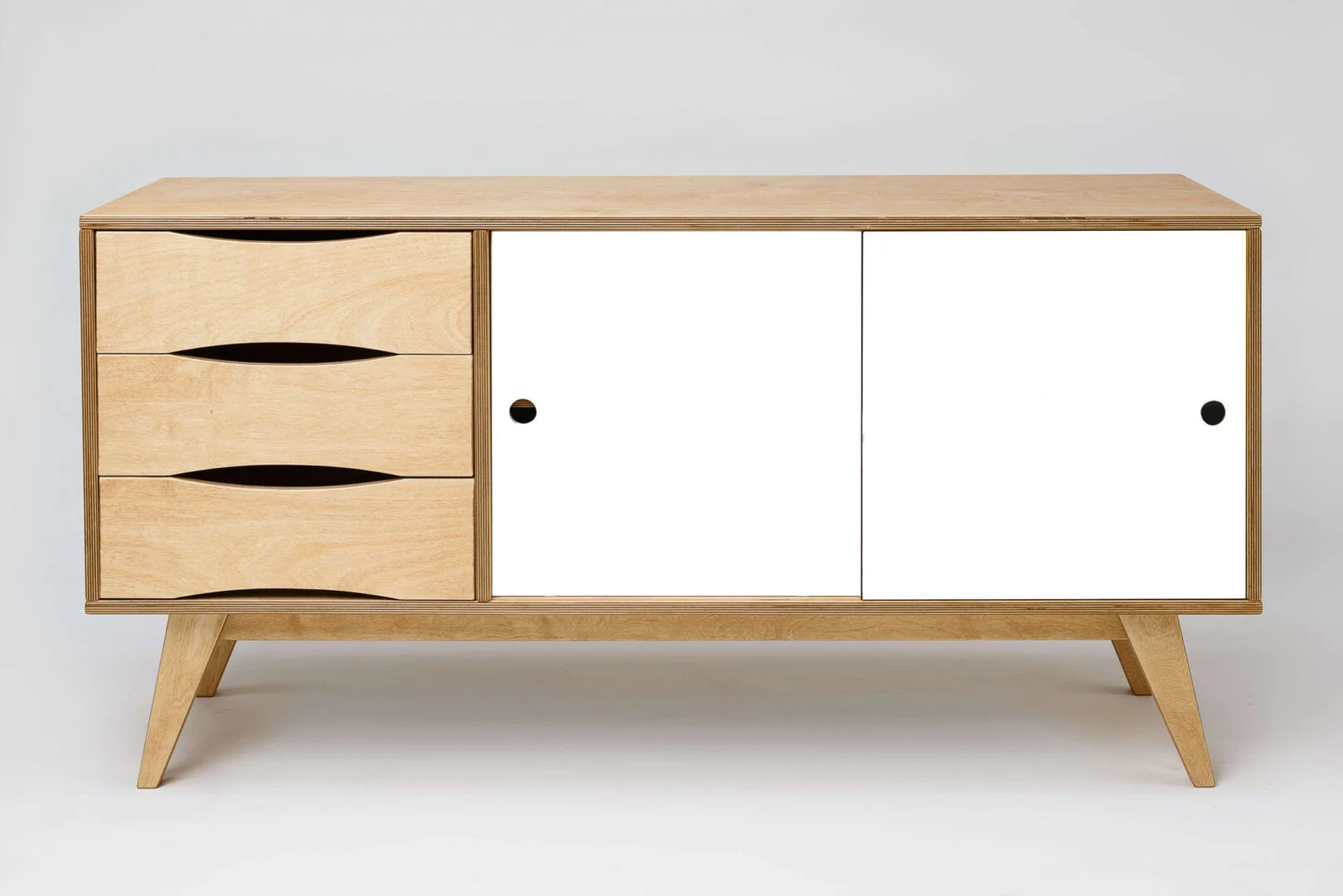 Dressoir Pauror Naturel 150 cm met 3 laden en witte deuren, stijlvol retro opbergmeubel in berkenmultiplex en eiken look