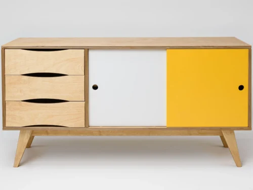 Dressoir Flalves Naturel 150 cm met retro design, berkenmultiplex, geel-witte deuren en 3 lades