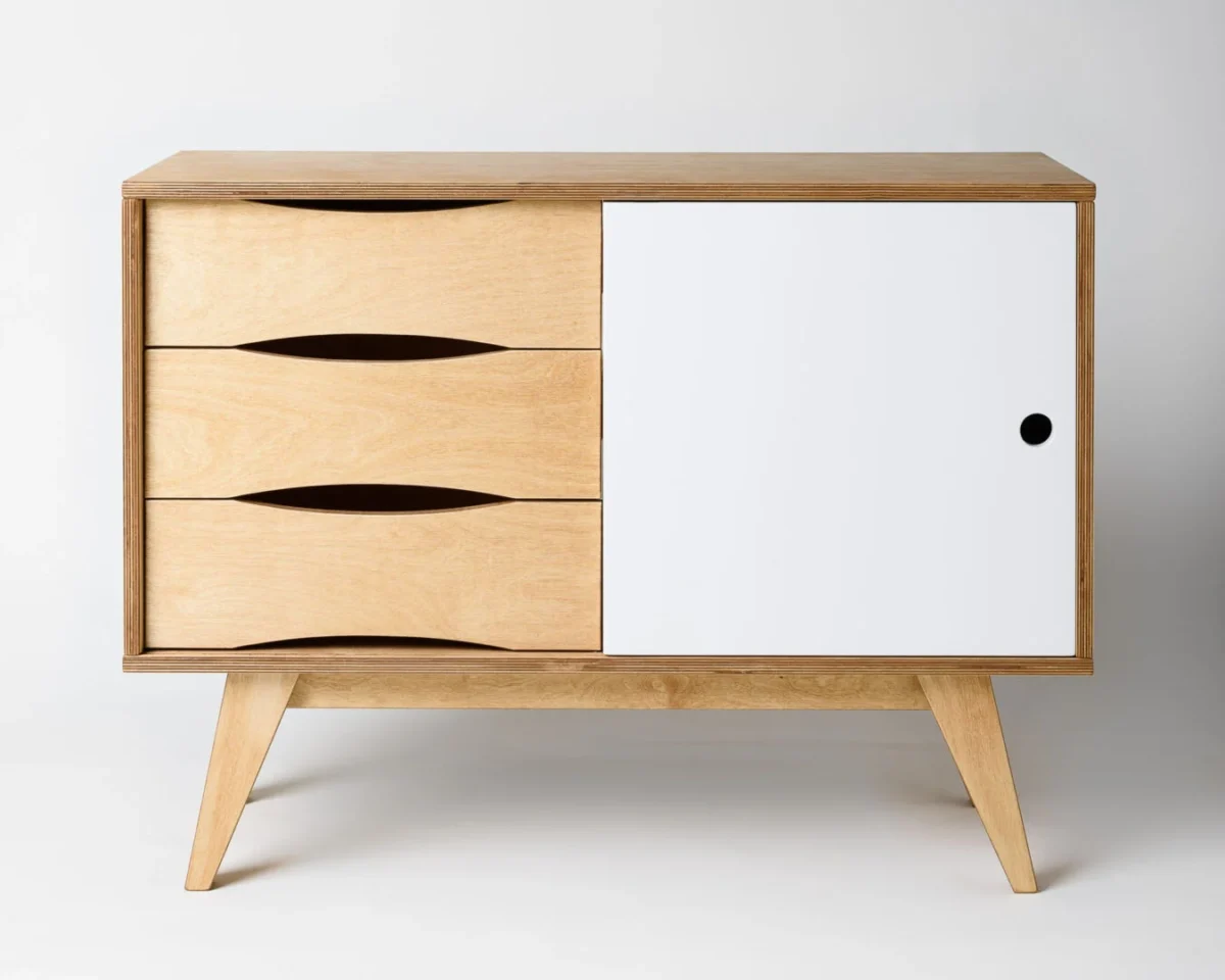 Dressoir Pillek Naturel 96 cm met 3 softclose-lades en witte schuifdeur, retro eiken look