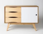 Dressoir Pillek Naturel 96 cm met 3 softclose-lades en witte schuifdeur, retro eiken look