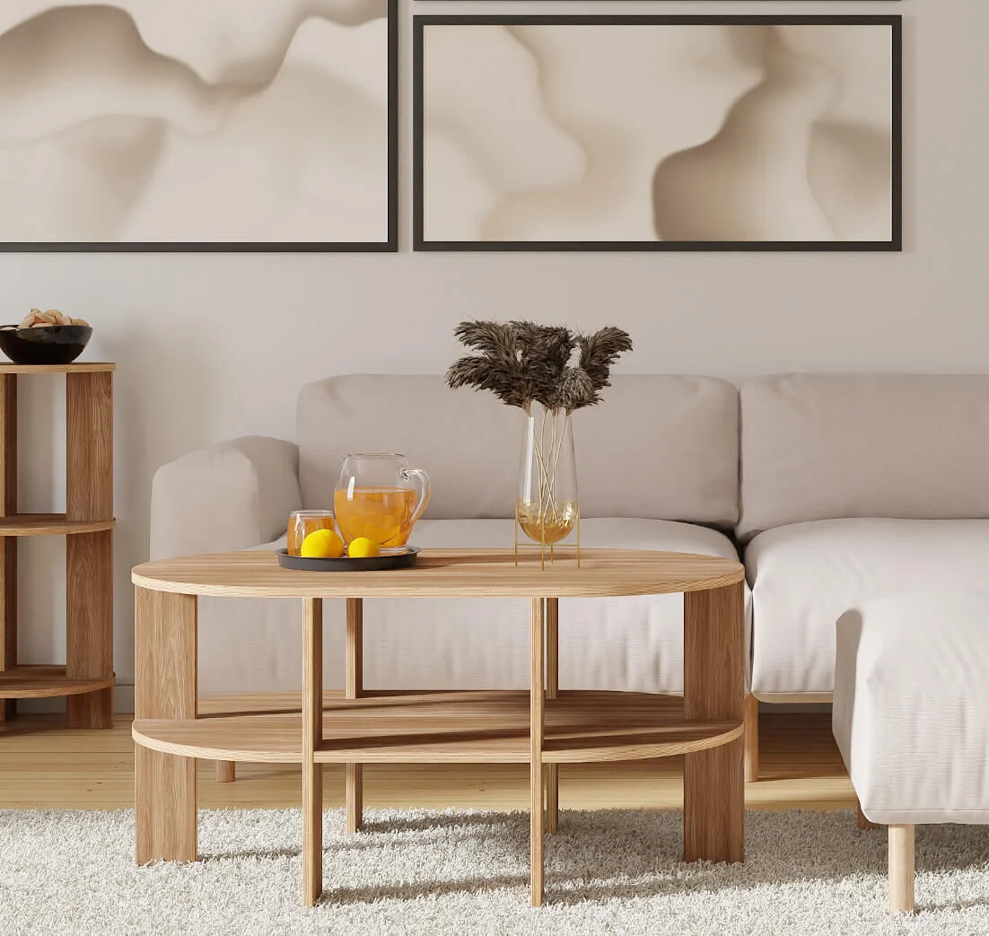 Wandplank Floku 120 cm in eikenfineer, met ronde hoeken en Scandinavisch design in een rustige woonkamer