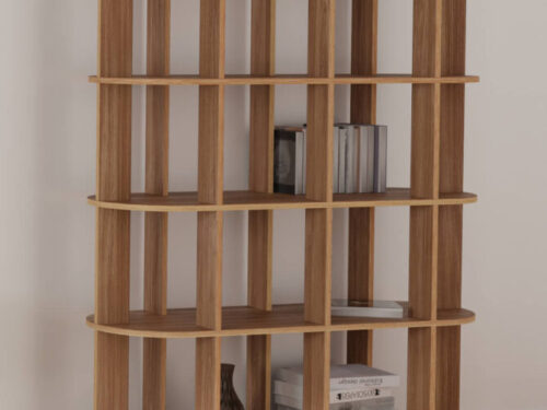 Wandplank Rolde 120 cm in houtlook met afgeronde planken, open vakken en Scandinavische uitstraling