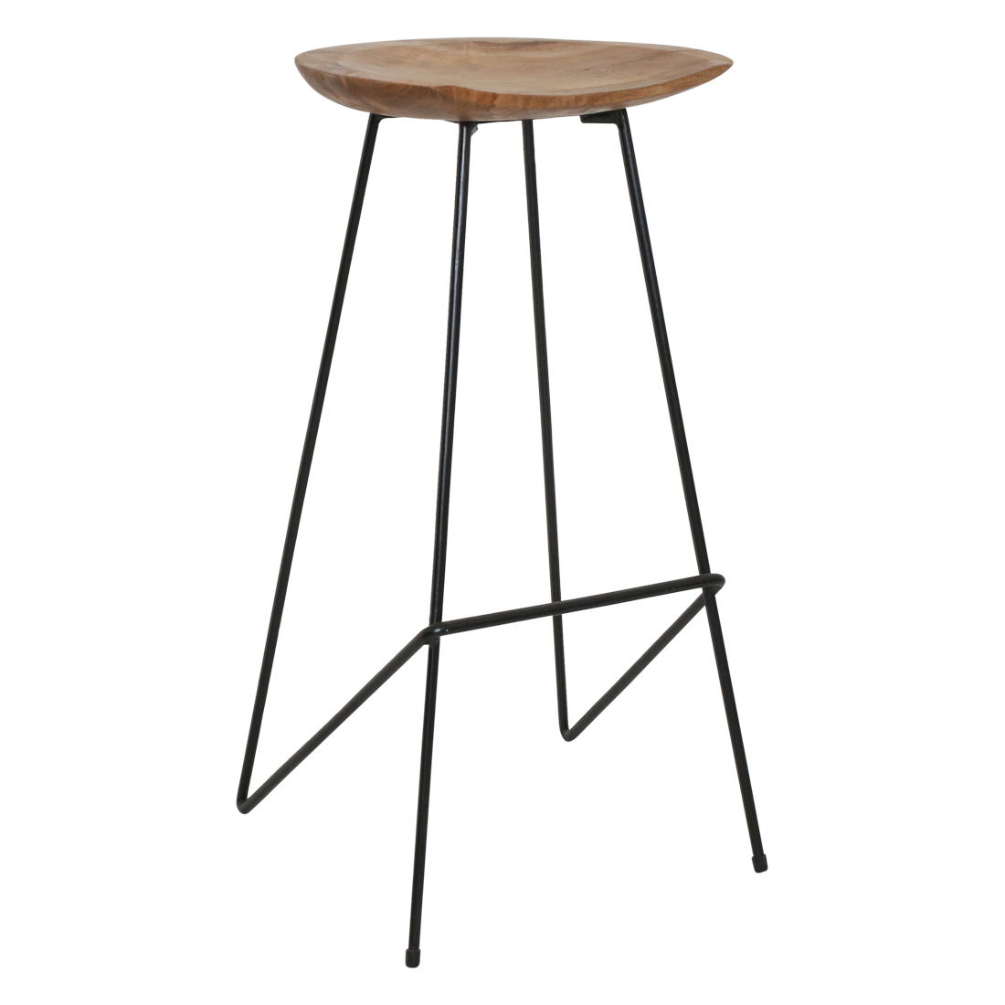 Barkruk Virdel Teak Naturel met licht gebogen teakhouten zitting en stevig zwart ijzeren onderstel