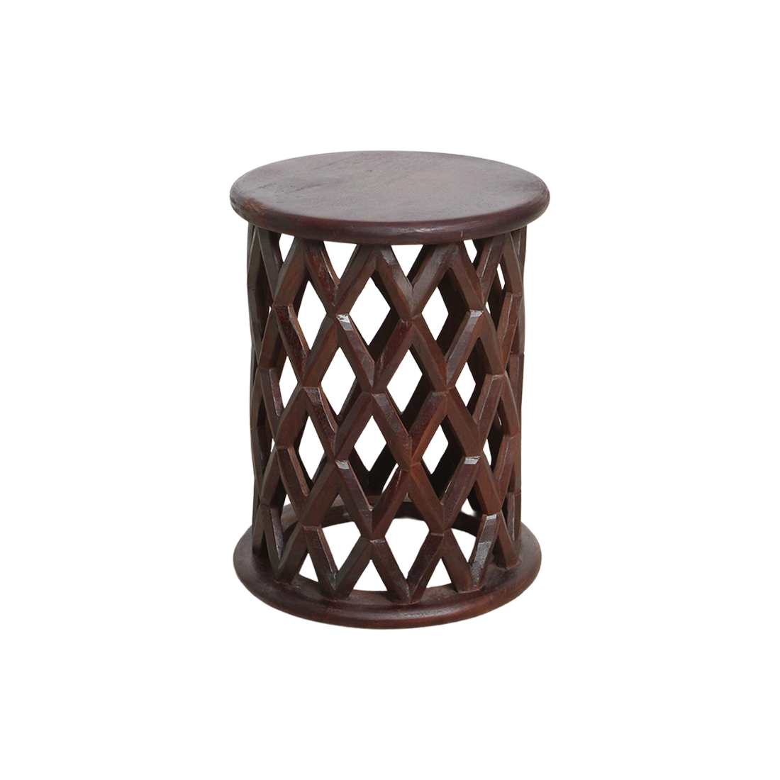 Kruk Braummang van bruin mangohout met open ruitpatroon, compact rond model voor zitje of bijzettafel