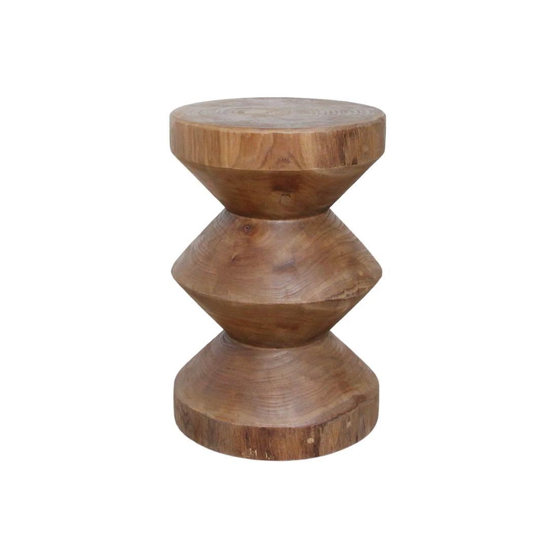 Bijzettafel Teissang van naturel teakhout met sculpturale vorm en compacte 45 cm hoogte