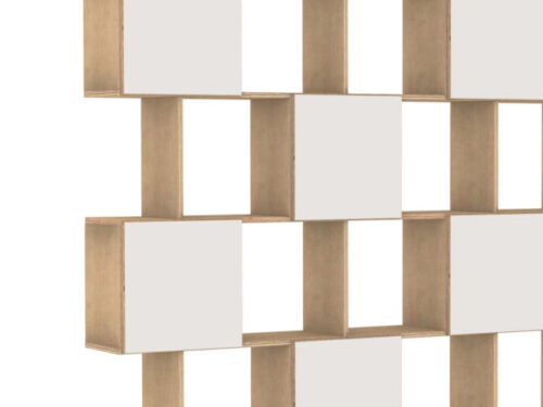Wandplank Bemano Wit 140 cm met medium eiken vakken en strakke witte HPL-deuren
