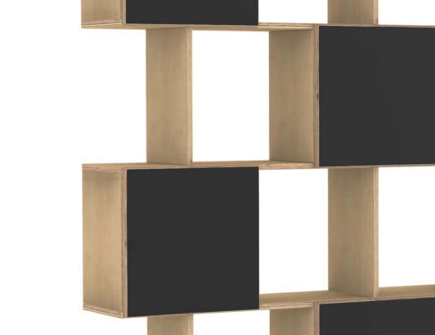 Wandplank Naansi Zwart 89 cm, eiken look met zwarte deuren en open vakken, slank modern design