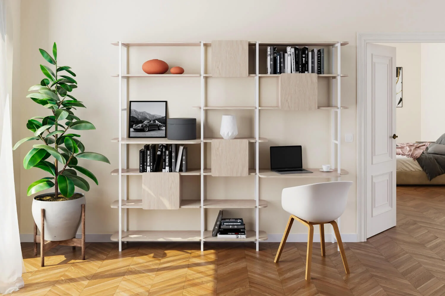 Wandplank Noolte 227 cm met slank wit frame en eikenfineer planken in een lichte woonkamer