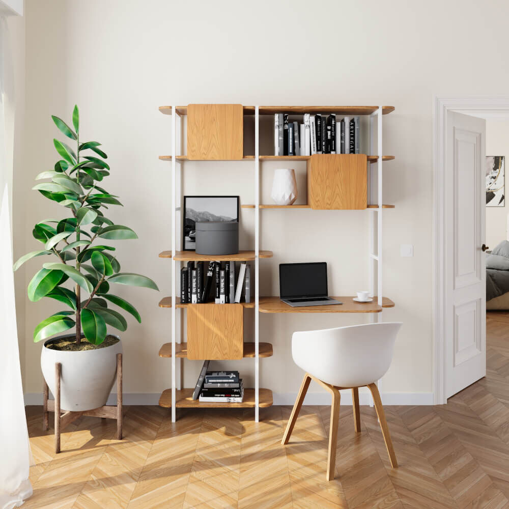 Wandplank Trustona Zwart 150 cm met verstelbare eikenplanken, boeken, laptop en decor in lichte werkruimte